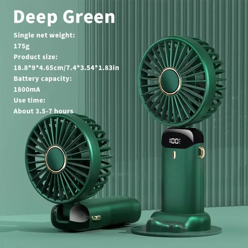 Handheld Mini Fan 1800mAh Foldable Portable Desk Outdoor Neck Hanging 5 Speed USB Rechargeable Fan Phone Stand Display Screen