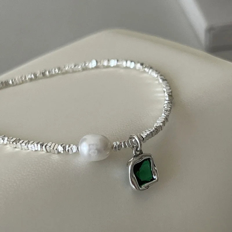 925 Sterling Silver Emerald Green Pendant Pearl Necklace for Women