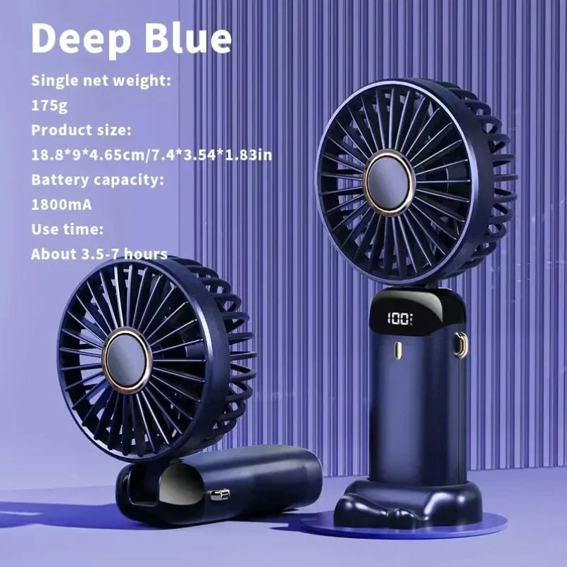 Handheld Mini Fan 1800mAh Foldable Portable Desk Outdoor Neck Hanging 5 Speed USB Rechargeable Fan Phone Stand Display Screen