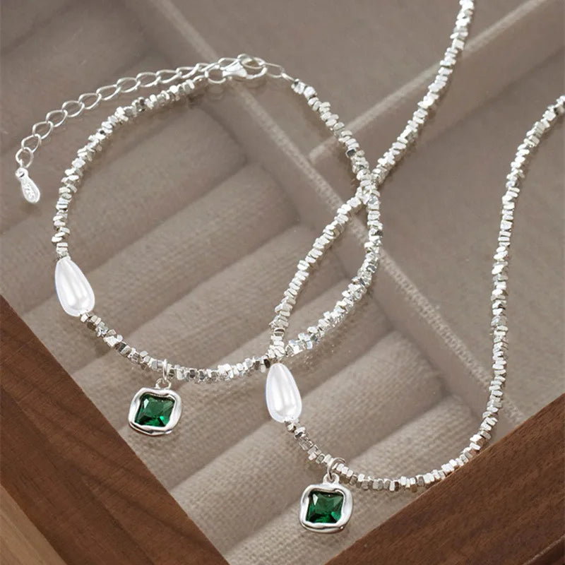 925 Sterling Silver Emerald Green Pendant Pearl Necklace for Women