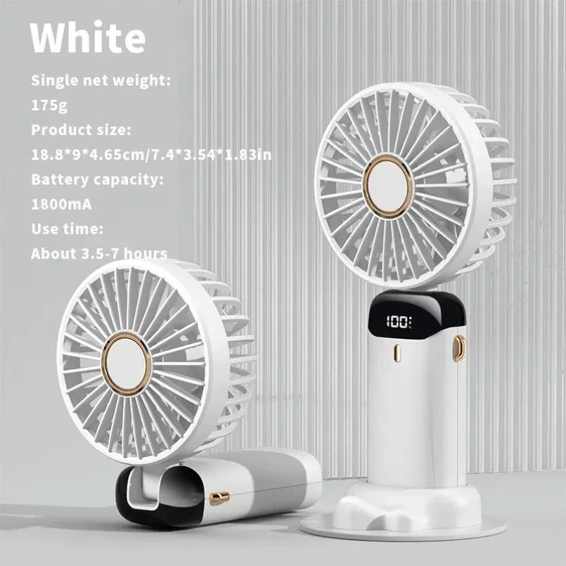 Handheld Mini Fan 1800mAh Foldable Portable Desk Outdoor Neck Hanging 5 Speed USB Rechargeable Fan Phone Stand Display Screen