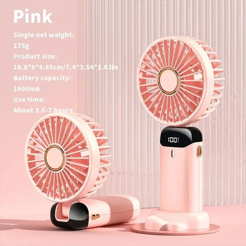 Handheld Mini Fan 1800mAh Foldable Portable Desk Outdoor Neck Hanging 5 Speed USB Rechargeable Fan Phone Stand Display Screen
