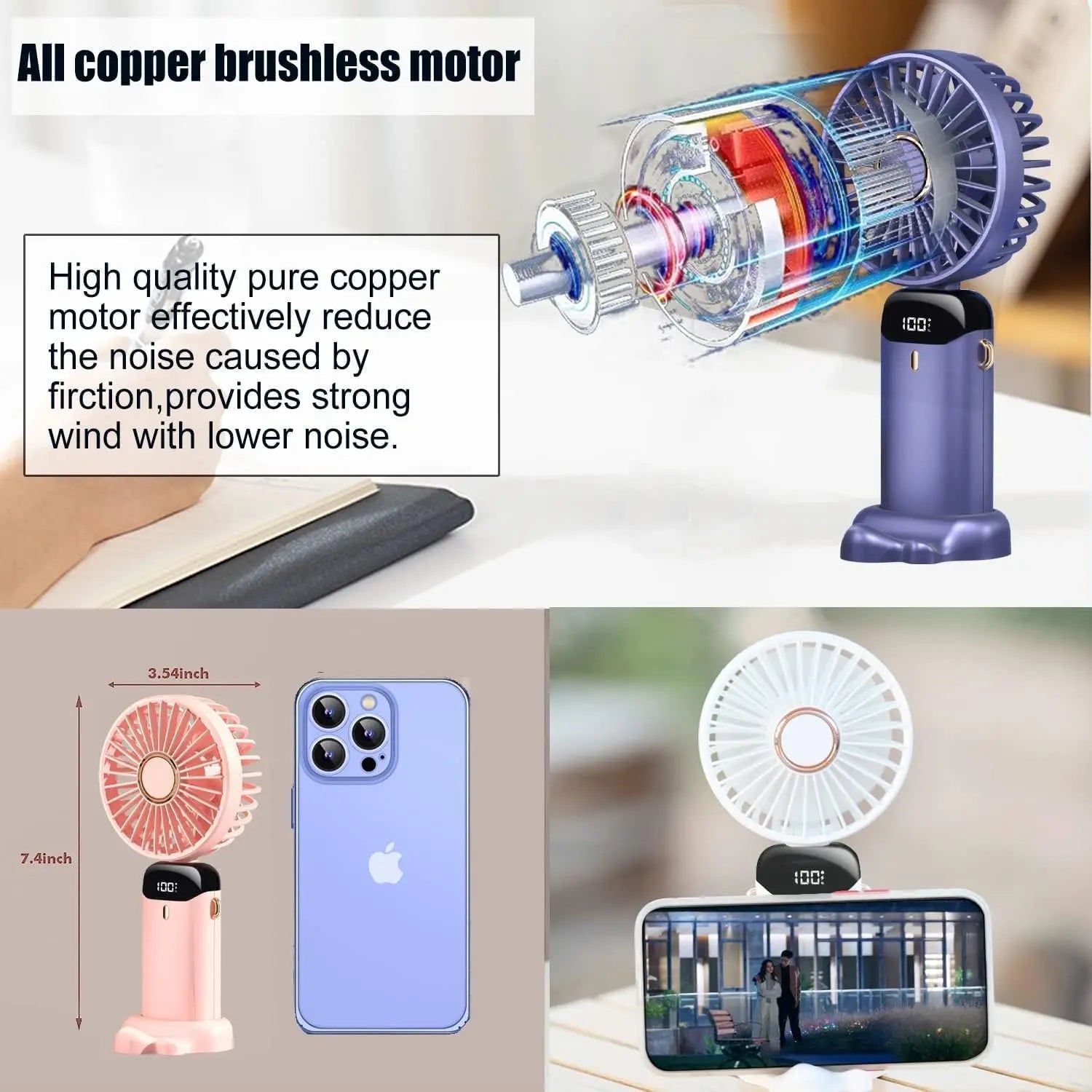 Handheld Mini Fan 1800mAh Foldable Portable Desk Outdoor Neck Hanging 5 Speed USB Rechargeable Fan Phone Stand Display Screen